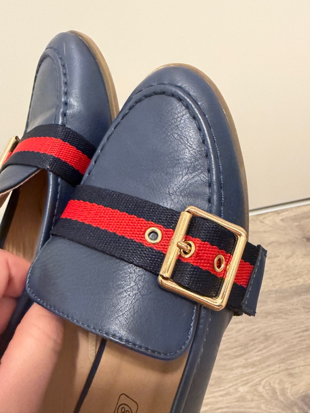 Navy Leather Loafers with Red & Black Webbing and Gold Buckle - Picture 3 of 4